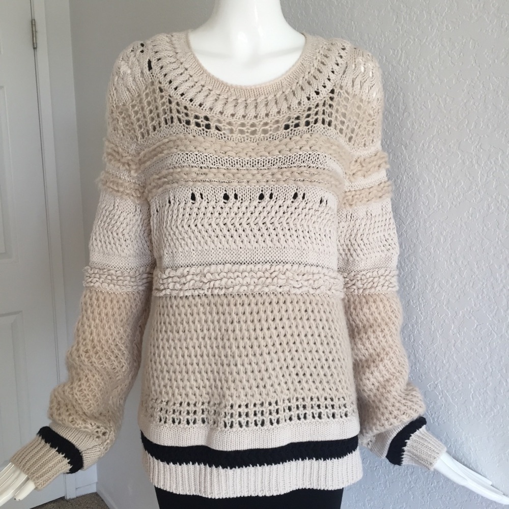 Rene Lezard mixed open knit crew neck beige sweater